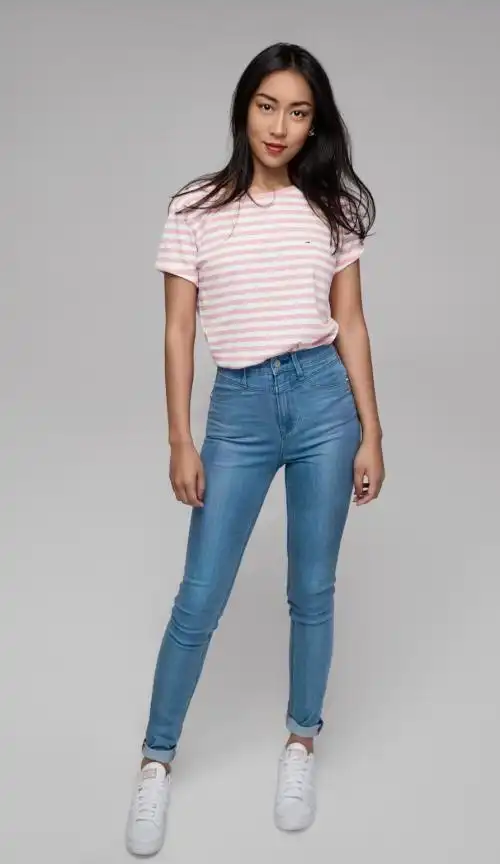 下图照片中,吉克隽逸穿了一件浅粉色条纹t恤搭配深色牛仔紧身裤,看着