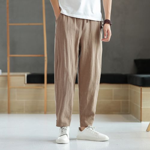 中国风夏季薄款亚麻裤男宽松大码阔腿裤复古苎麻料休闲裤子棉麻裤