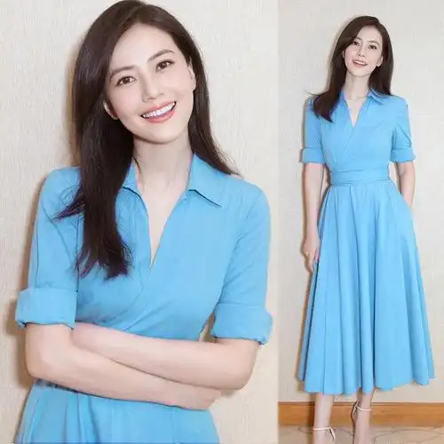 夏装高圆圆同款明星衣服蓝色中长裙连衣裙v领晚礼服裙子平时可穿