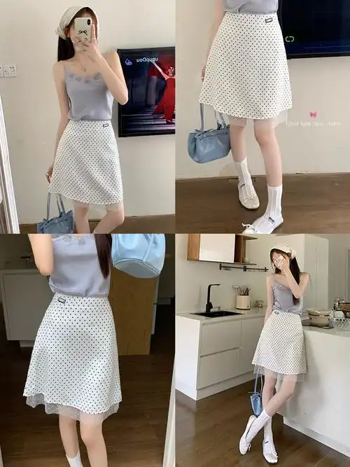 实拍实价~新款法式白色波点高腰半身裙百搭显瘦气质设计感a字裙 - 17