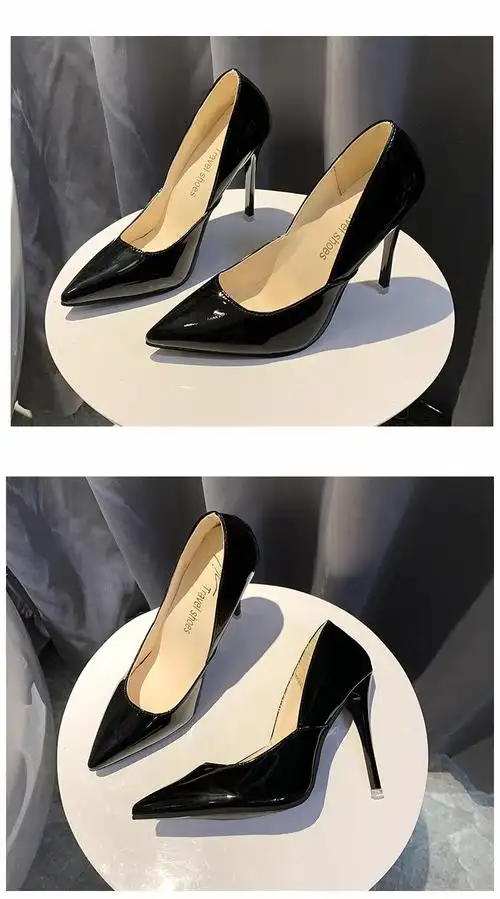 情趣恨天高性感女王sm高跟鞋女细跟超高尖头单鞋红底黑色炮鞋 杏色 跟