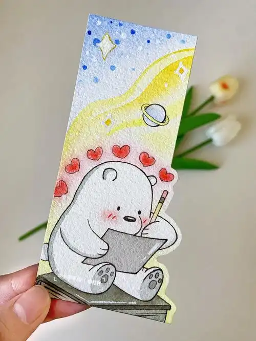 自制白熊书签附线稿上色过程简笔画教程