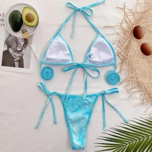 新温泉泳装比基尼三角游泳衣沙滩分体蓝色镂空绑带比基尼