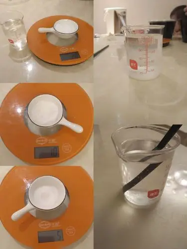 1,分别称出20克,10克,5克食盐,并在刻度杯里倒足100ml的水