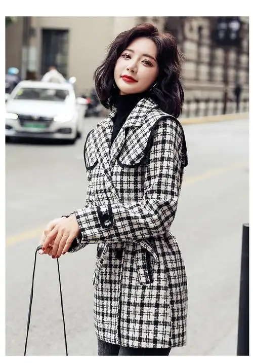 冬木谷雨2020冬装新款时尚格子 毛呢外套8839