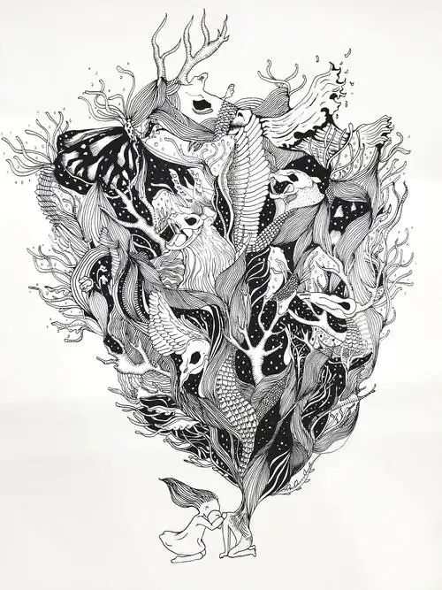 针管笔手绘黑白插画