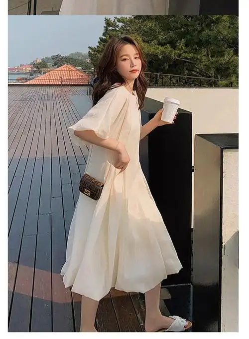 2021新款法式仙气白色连衣裙女夏2021新款超仙泡泡袖初恋 米白色