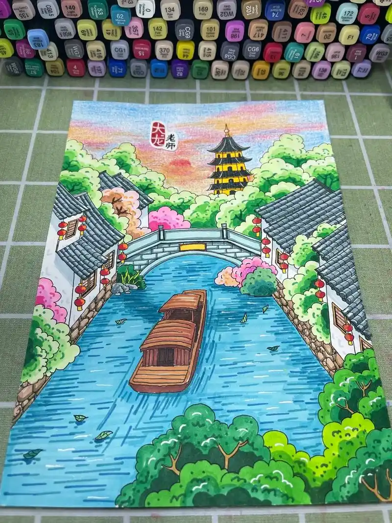 小桥流水人家#国风 #国风手绘#江南水乡 #画画#马克笔 - 抖音