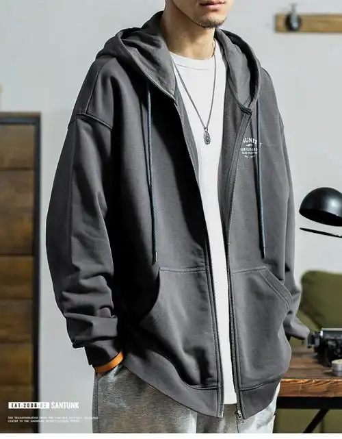 卫衣外套男开衫拉链带帽上弹工装连帽美式运动帽衫秋季新款2021宽松深