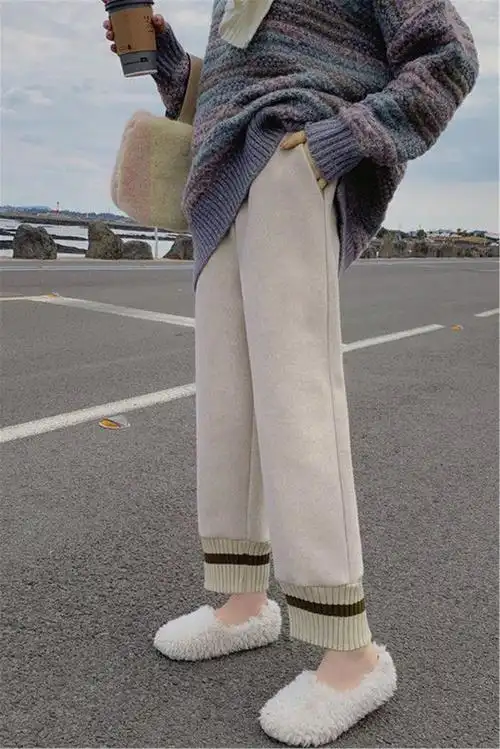 新款毛呢裤女宽松九分休闲萝卜裤潮高腰直筒长裤子