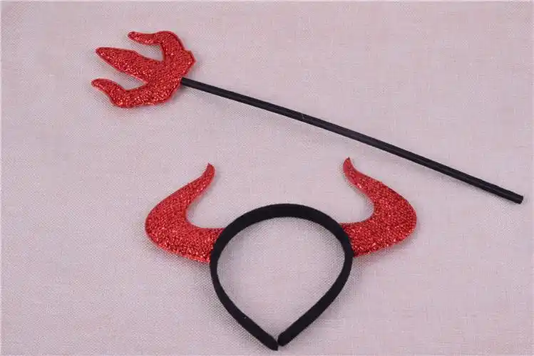 万圣节恶魔牛角发箍恶魔小三叉子三角叉子 红色牛角叉兵器道具