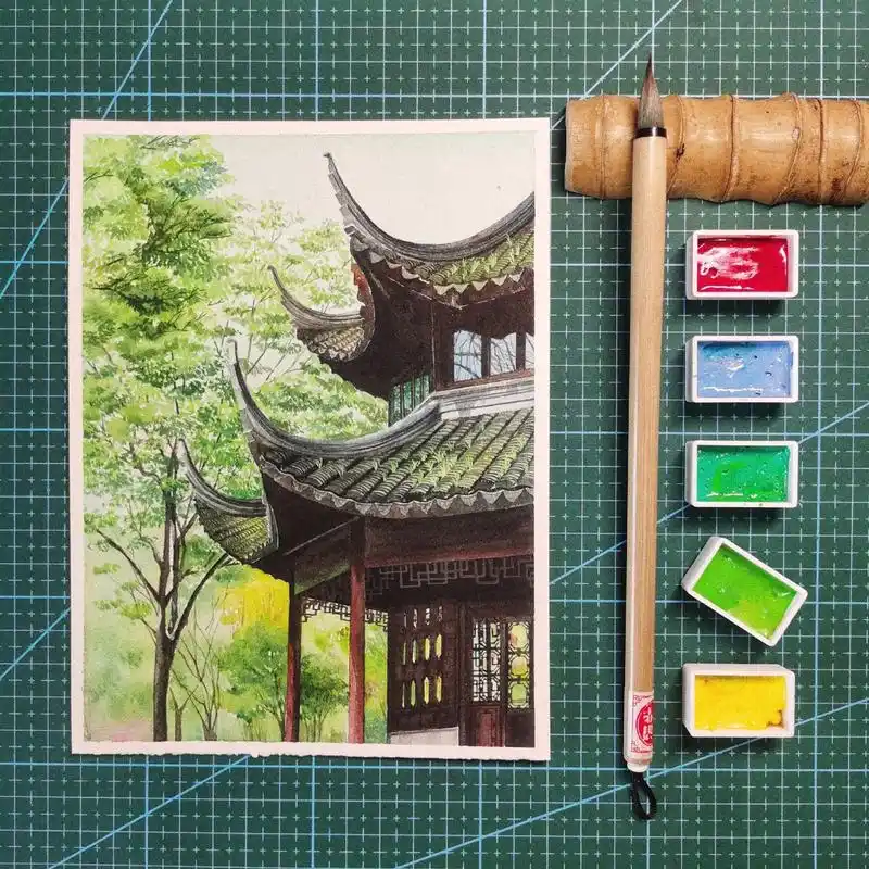 荷叶田田清风徐徐—水彩风景拙政园教程.古建筑是我心头好画 - 抖音