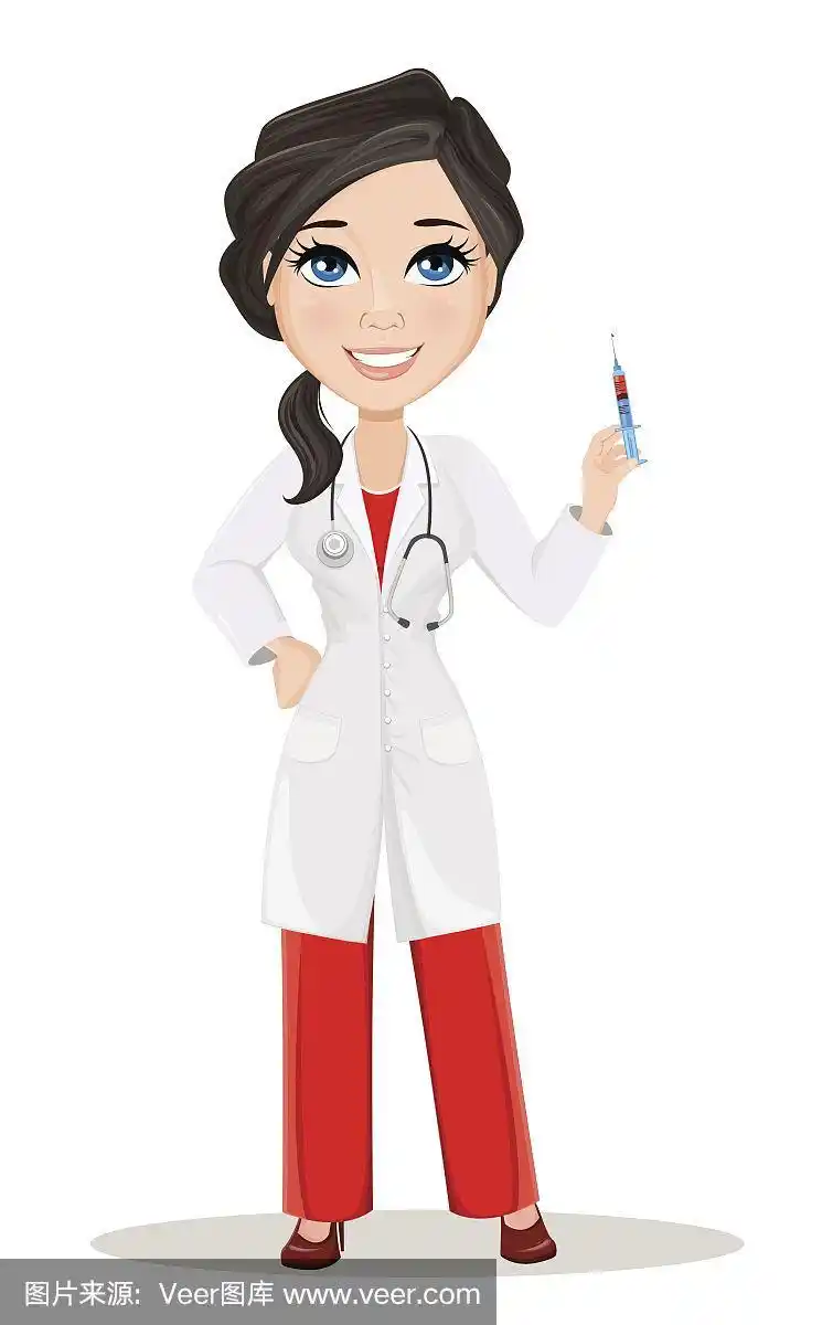带听诊器的女医生.可爱的卡通微笑医生角色在医疗服拿着注射器与疫苗.