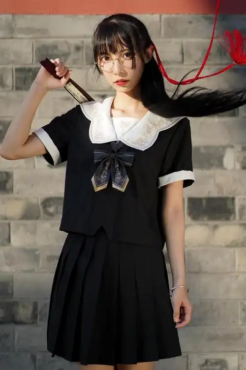 御茶家x御见国风中华风梦回水手服中间服原创jk夏季短袖制服黑色m