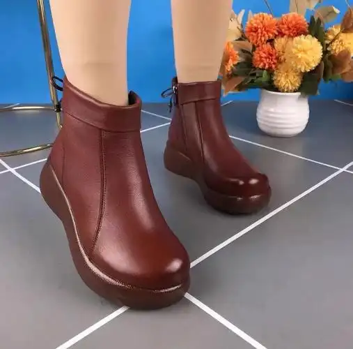 民族风真皮女靴厚底坡跟短靴高帮单鞋复古手工松糕靴圆头大头单靴