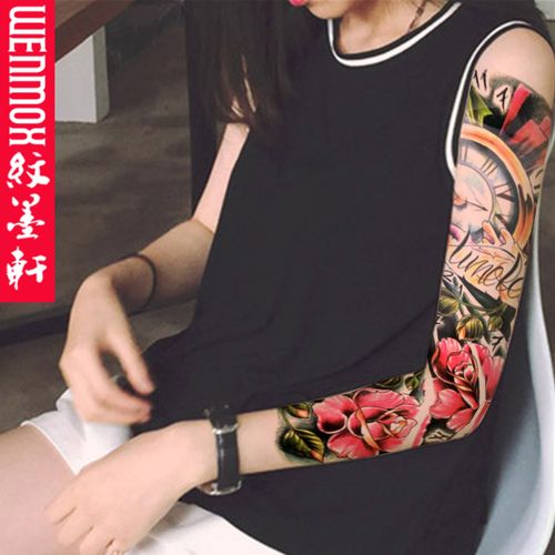 纹墨轩【已合并】花臂整臂满臂时钟玫瑰纹身贴 防水 男女 仿真图腾