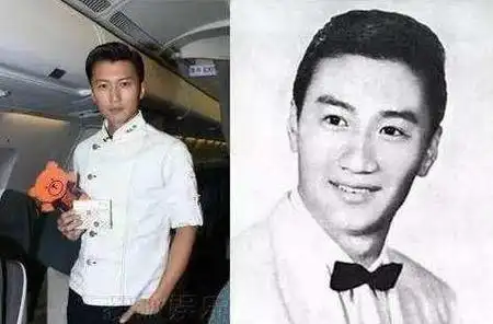 图为谢贤与女明星合作广告时的照片,看上去十分潇洒帅气.