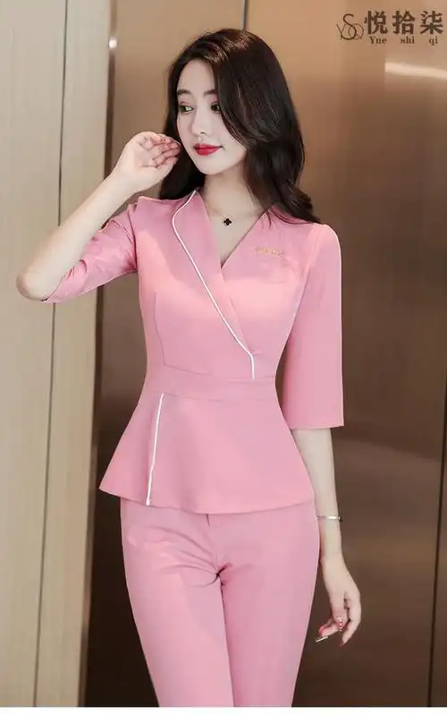 工作服女职业女装高端美容师按摩工衣秋套装足浴技师 02短袖粉色长裤