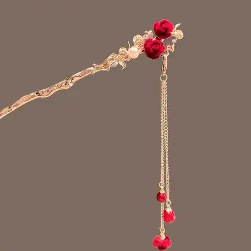 中式古风发簪汉服头饰盘发簪子玫瑰花朵发饰流苏发钗中国古典新款