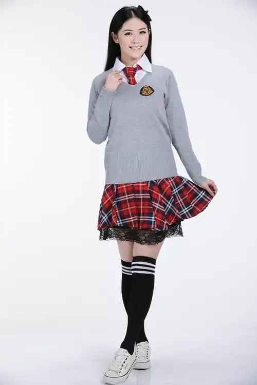 日韩女生校服学生制服灰色长袖套头针织衫修身套装班服套装现货图片