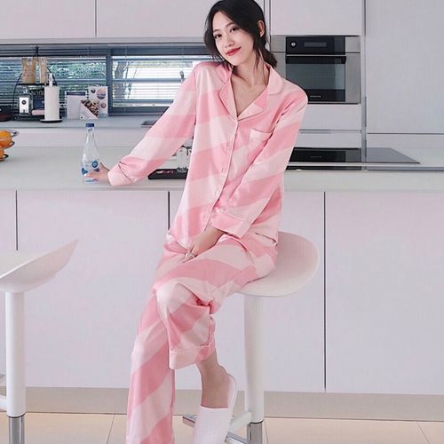 乔晶晶春夏季真丝仿真条纹粉色绸缎丝绸宽松睡衣睡衣