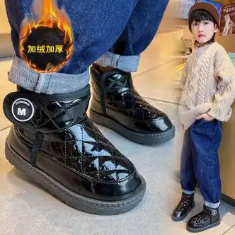 欣梦茹新款儿童雪地靴女孩防水皮面保暖靴子宝宝中大童加绒加厚冬季