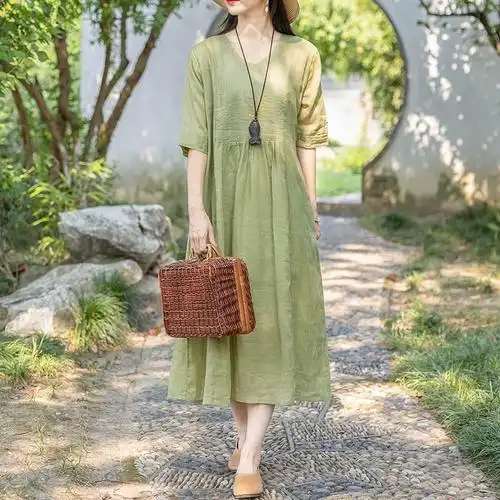 非实拍原创抽褶苎麻显瘦显白夏装连衣裙文艺棉麻女装通勤裙子