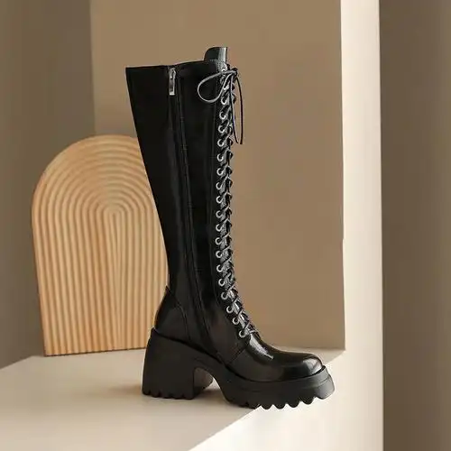 真皮小码长靴女小个子大筒围骑士靴前系带厚底粗跟高筒靴粗腿显瘦单靴