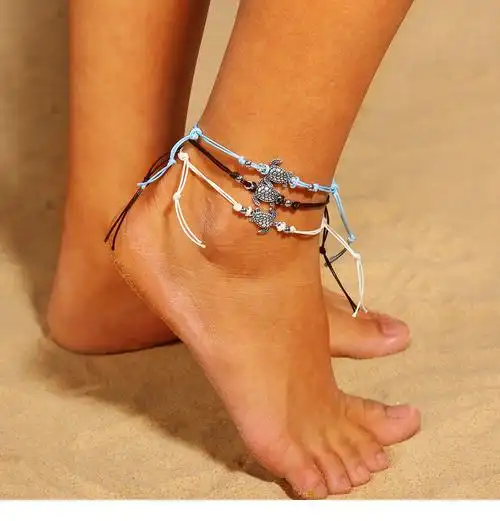 速卖通wish爆款 欧美沙滩脚链古银海龟蜡绳脚饰 脚链套装批发