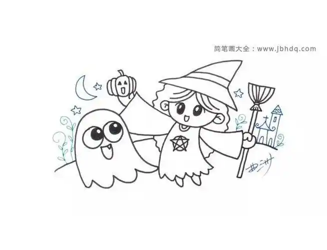 万圣节幽灵和小魔女的简笔画万圣节小女巫的简笔画万圣节小魔女简笔画