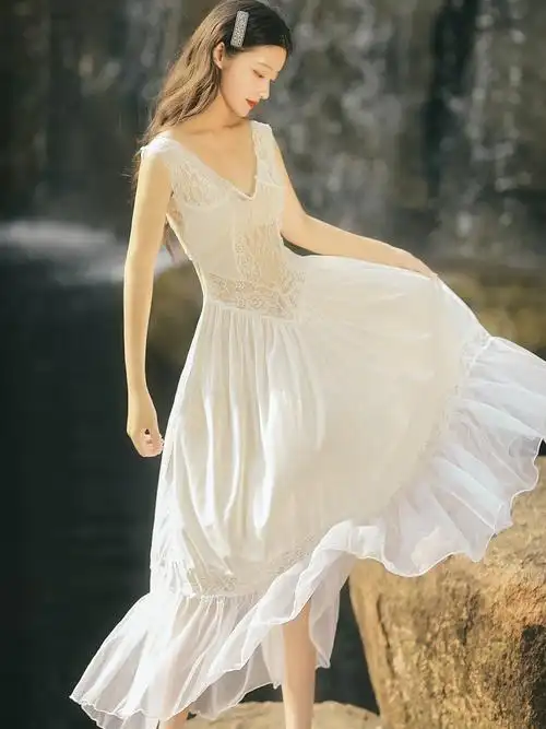 白月光法式复古性感透视写真连衣裙白色婚纱影楼连衣裙