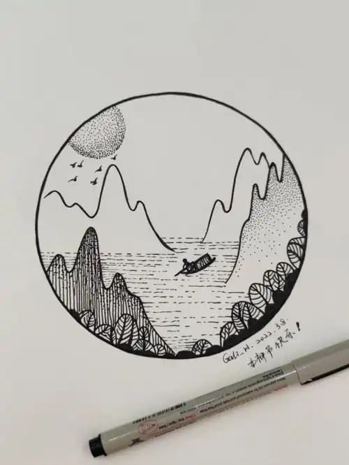 38山水风景线描画黑白针管画装饰临摹