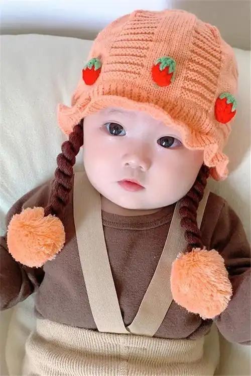 婴儿 帽子秋 冬款女 宝宝可爱超萌手工辫子 冬季护耳毛线帽婴幼儿保暖