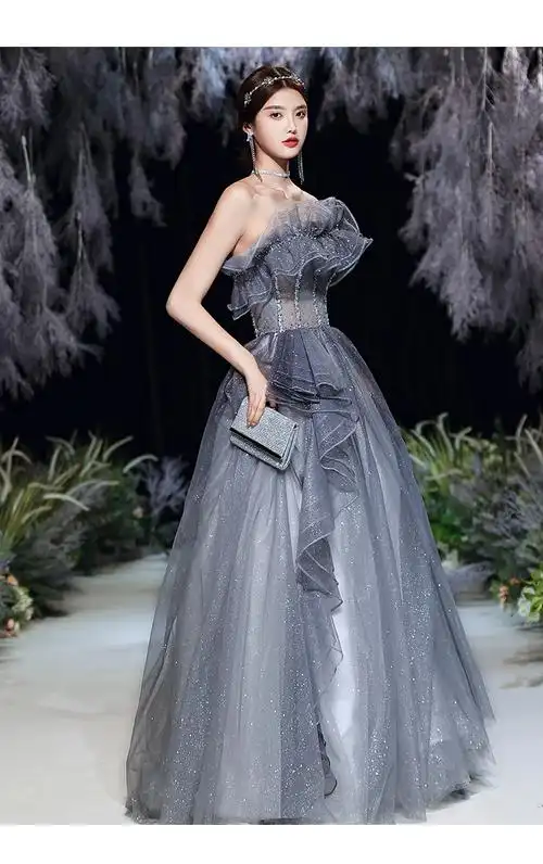 抹胸晚礼服裙宴会2022款重工大气优雅气质名媛生日主持人演出礼服