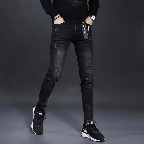 new lake2020冬季黑色牛仔裤男修身小脚潮流休闲男士裤子秋冬款加绒