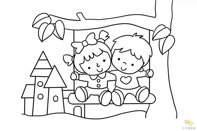公园里荡秋千情景简笔画小孩子们一起荡秋千吧