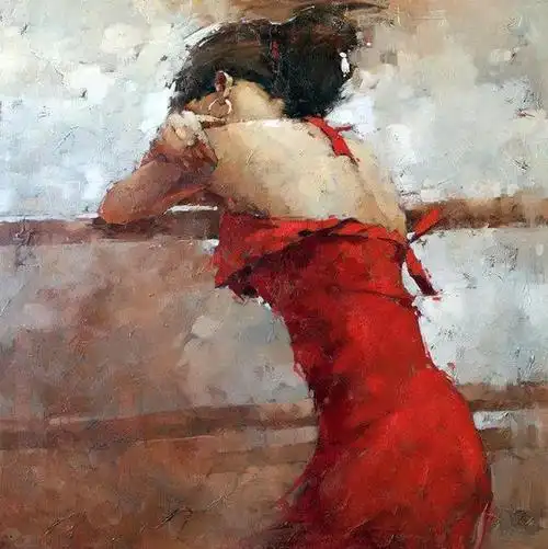 雨中红裙女子的背影俄罗斯画家安德烈科恩的油画