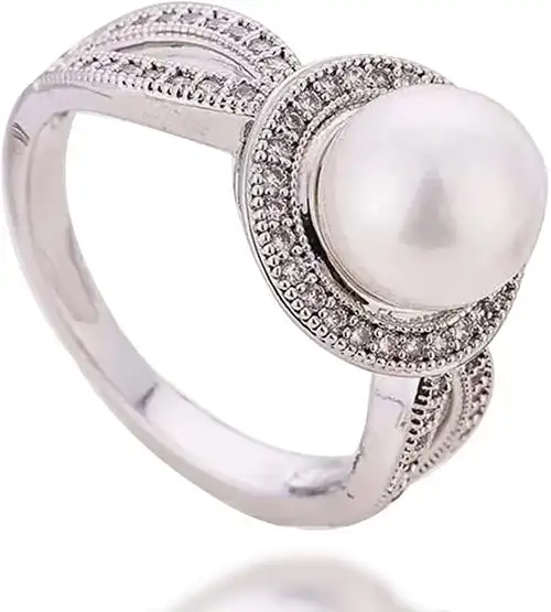 aswell 女式珍珠银钻石戒指白金填充白色珍珠婚礼订婚戒指