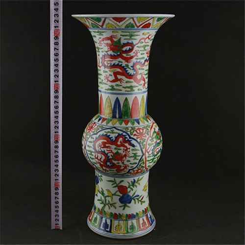 明万历年手工绘画五彩龙纹花觚瓶老物件真品明代古瓷器 古玩收藏