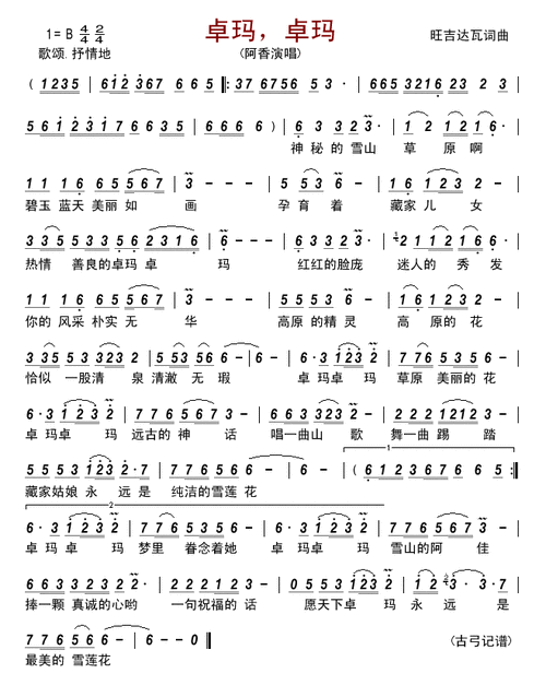 卓玛,卓玛简谱该歌谱演奏者为阿香,歌曲名称为卓玛,卓玛,歌谱类型为