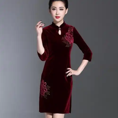 结婚结婚礼礼服女儿婚礼妈妈连衣裙加绒秋冬季喜婆婆旗袍
