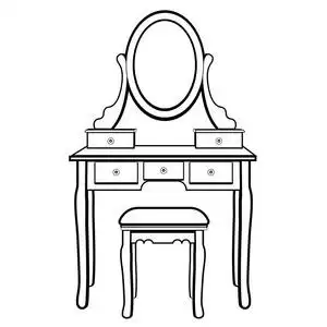 化妆台配镜,女闺用于化妆着色素描轮廓黑白绘图矢量插图.