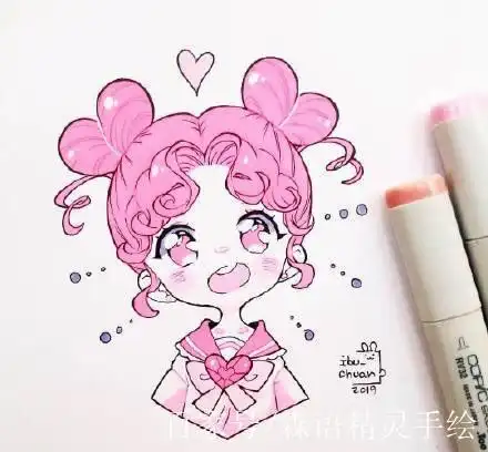 萌q版马克笔手绘小女孩插画,画面粉粉嫩嫩太可爱啦!