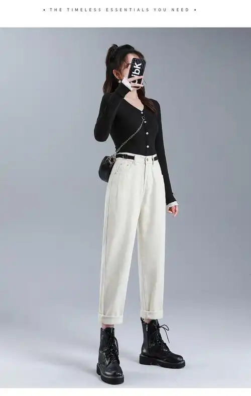 女装新款白色裤子女2021秋冬新款女裤高腰宽松显瘦烟管米色老爹直筒