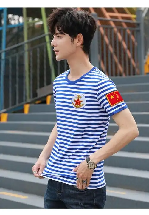 男士刺绣海魂衫蓝白条纹短袖水手服团队活动聚会半袖t恤纪念定制天蓝