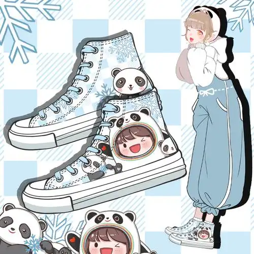 2022春季新款二次元卡通熊猫女孩帆布鞋女高帮可爱学生百搭潮鞋子