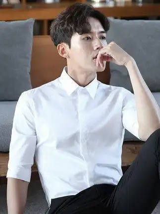 白衬衫男七分袖韩版商务发型师五分半袖修身帅气男士中袖衬衣
