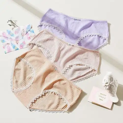爱帝女士中腰少女三角裤头棉莫甜美风舒适花边内裤女视频