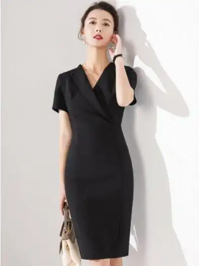 艾尚臣黑色连衣裙女夏季时尚短袖高级感一步裙美容院工作服ol工装