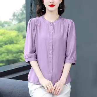 汀慕梵夏季麻料中老年衬衫女亚麻衬衣妈妈穿棉麻女七分袖新款夏装天丝